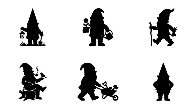 Garden gnome silhouettes vector set, black lawn dwarfs collection for landscaping design