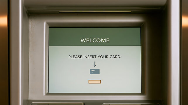 Close up view of automatic teller machine screen display showing welcome message and instruction to insert bank card for financial transaction