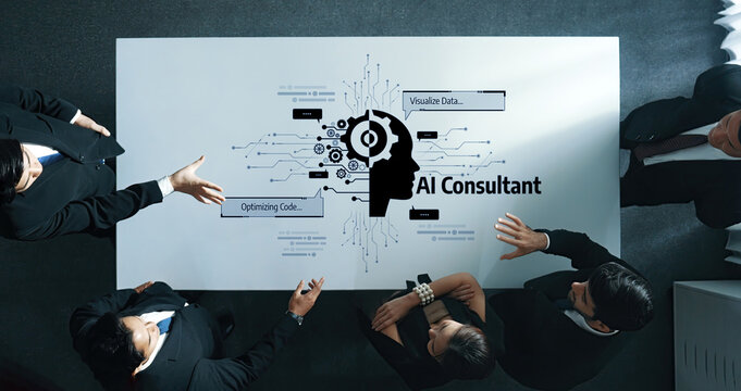 Business professionals engage in a strategy meeting focused on artificial intelligence. Visual data and optimization concepts enhance collaboration and innovation. Trope