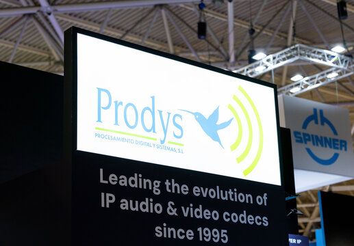 Amsterdam, Netherlands - September 11, 2026: ProdyS sign and display with leading the evolution of IP audio and video codecs since 1995 at IBC technology exhibition