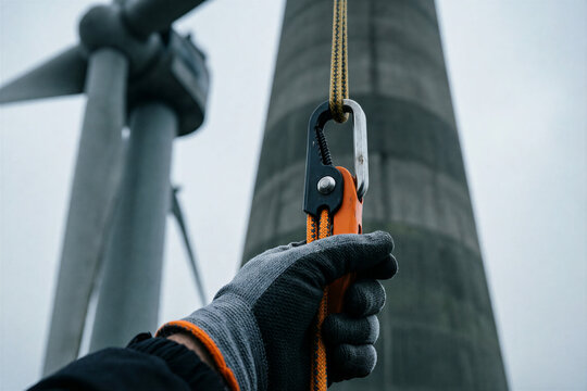 Wind turbine technician hand holding climbing gear rope