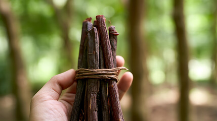 Fototapeta premium A person hand hold bundle of dried beef stick snack or biltong jerky meat snack product outdoors in forest nature park with bokeh view