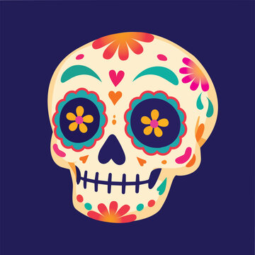 Colorful Mexican sugar skull illustration for Dia de los Muertos, floral calavera design on dark purple background for festive poster and decoration