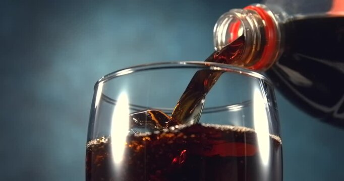 Cola type sweet fizzy drink pouring into glass with ice cubes in slow motion on blue background