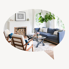 Fototapeta premium Cozy living room speech bubble badge, interior photo