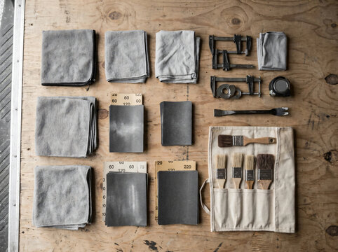 Top view flat lay of various woodworking tools, organized grey microfiber cloths, sandpaper sheets with different grits, metal clamps, and a canvas brush roll arranged neatly on a rustic wooden bench