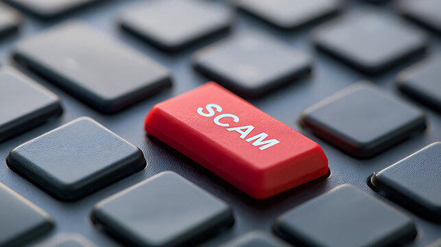 Red scam enter button on a black computer keyboard. Internet fraud concept, digital security threat, phishing attack and cyber crime