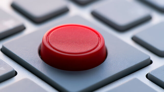 Close-up view of a large round red button surrounded by grey computer keyboard keys in a modern office environment with dramatic focus depth