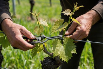 Naklejka premium Farmer hands use tape tool to tie young grape vines to metal wire in vineyard. Agricultural worker performs manual maintenance on plants during spring season. Professional viticulture worker supports