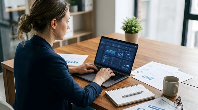 Professional data analyst typing on a laptop with a blue reporting dashboard open, printed performance reports and notebook on a wooden desk, small green office plant in the background.