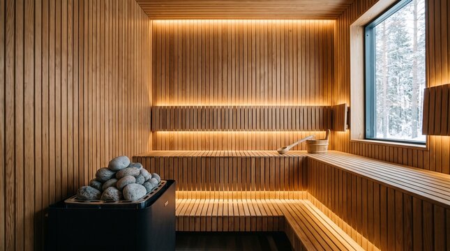 Modern wooden sauna interior featuring warm ambient lighting stone heater benches and a serene snowy forest view through window