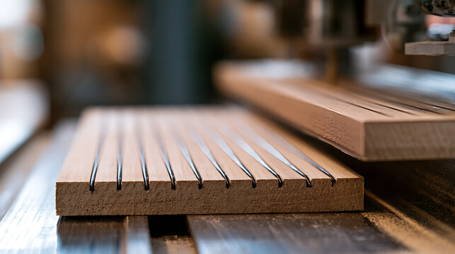 Industrial cnc router cutting precision grooves in wooden board inside professional carpentry workshop environment with mechanical equipment in background