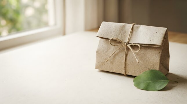 kraft paper packaging box tied with twine and green leaf 