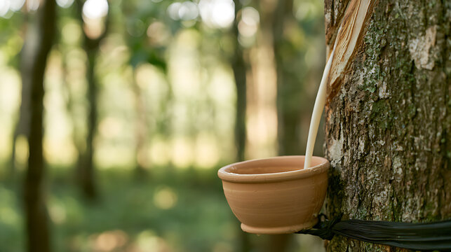 Natural rubber sap latex flow from Para rubber tree Hevea brasiliensis into collection cup in forest plantation sustainable agriculture