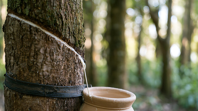 Rubber tree Hevea brasiliensis tapping process in a lush green forest with white latex dripping into a ceramic collection pot for agriculture