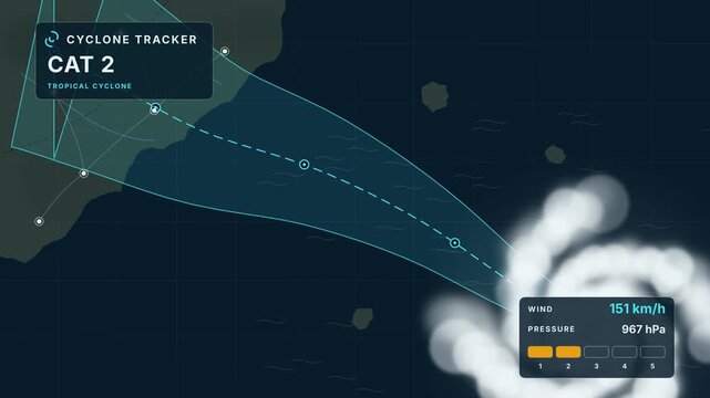 Advanced cyclone tracking interface highlighting CAT 2 storm with real-time data and storm path visualization