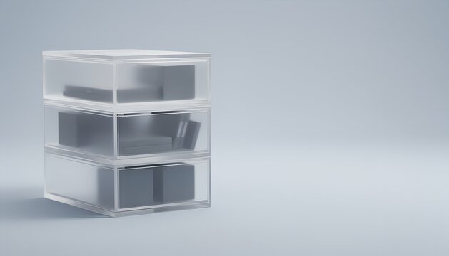 Three stacked frosted storage compartments holding dark rectangular blocks on a pale blue-gray studio surface, soft shadows & right-side copy space for information protection & organization concepts
