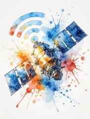 Fototapeta premium Watercolor clipart shows space satellite with solar panels, wifi signal waves. Digital communication concept connects remote areas via wireless network. Colorful paint splashes represent global