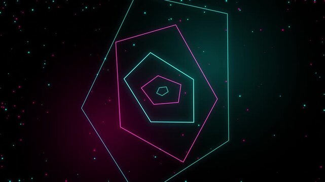 Neon geometric tunnel background, pulsing cyberpunk pentagons with floating particles, abstract motion loop for digital presentations