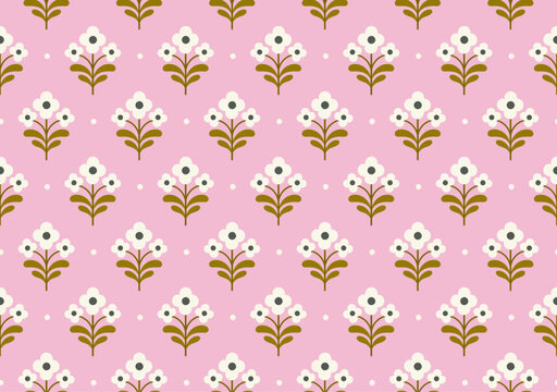 Pink White Folk Floral Flower Dots Seamless Vector Pattern