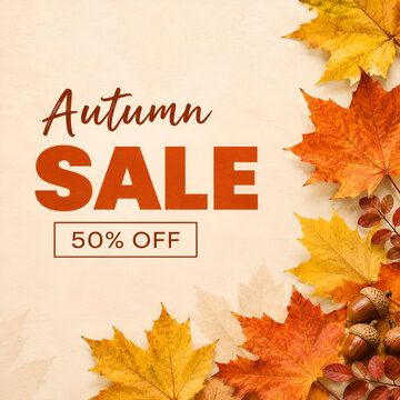 Autumn Sale 50% Off Banner with Colorful Fall Leaves on Cream Background