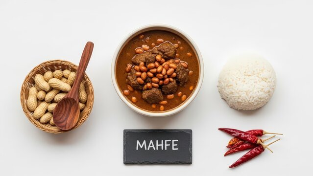 Minimalist flat lay of traditional West African Mahfe (Maafe) peanut and meat stew in a ceramic bowl served with white rice, featuring a tiny chalkboard, raw peanuts in a woven basket, a wooden spoon