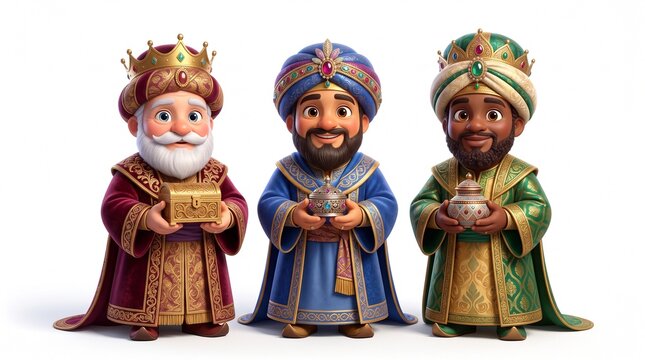 Three Wise Men in ornate robes holding gifts and treasures on a white background