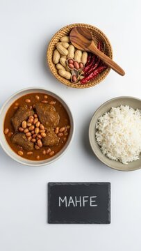Minimalist flat lay of traditional West African Mahfe (Maafe) peanut and meat stew in a ceramic bowl served with white rice, featuring a tiny chalkboard, raw peanuts in a woven basket, a wooden spoon