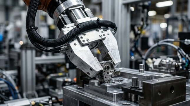 Robotic gripper placing a metal part onto a fixture in an automated manufacturing line.