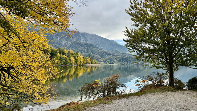 Autumn Foliage Framing an Alpine Lake with Mountain Reflections