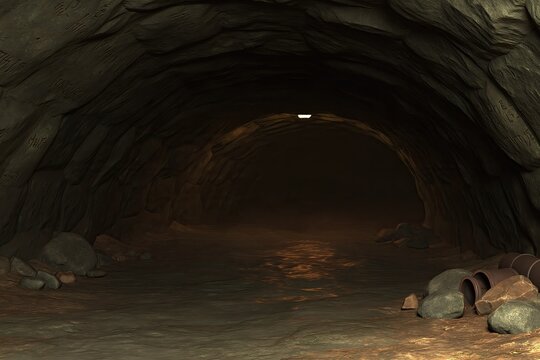 Fog rolls through the dark tunnel beneath a stone archway with cryptic inscriptions carved into the walls. Objects lie scattered around