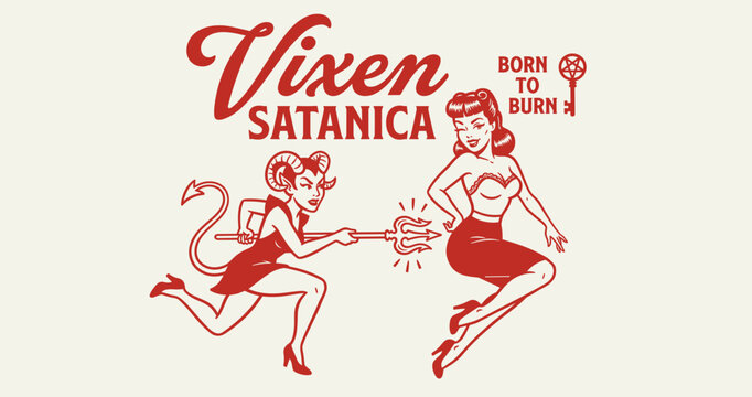 Retro devil woman art. Vintage she-devil illustration. Occult horror graphic.