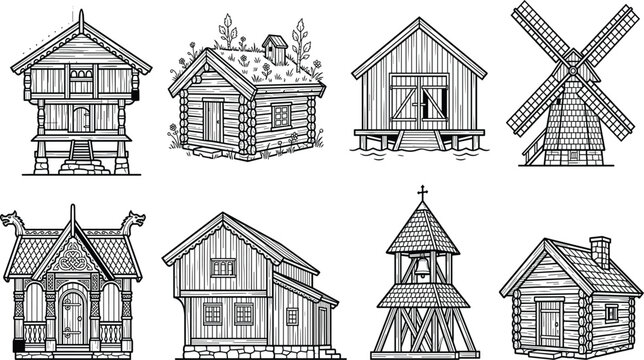 Traditional Nordic Timber Buildings and Folk Architecture Line Art Vector Set