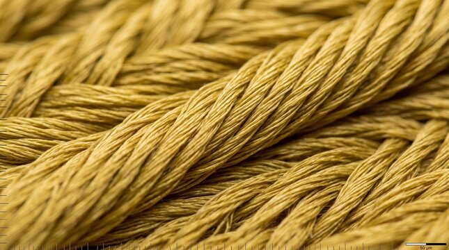 Detailed close up photograph showing intricate golden yellow woven threads and textured fabric fibers under magnification scale