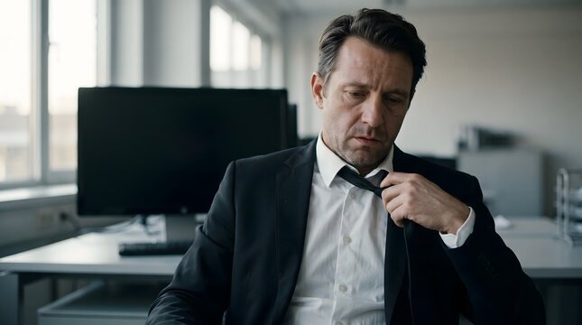 Stressed businessman loosening tie at office desk