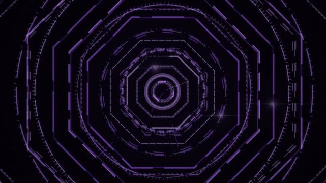 Purple octagonal HUD rings form a glowing digital tunnel on a black background, futuristic scifi interface