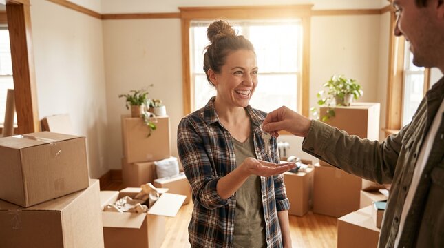 Happy woman receiving house keys from man in new home surrounded by moving boxes