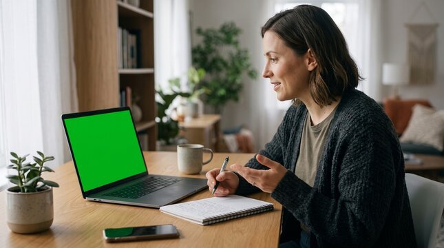 Woman working from home on laptop with green screen and taking notes in notebook