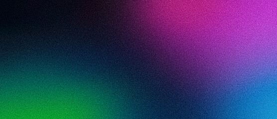 Fototapeta premium Wide banner grainy background, abstract grain texture vibrant gradient, purple green blue glowing color blurs on black backdrop, dark header, poster, flyer, cover or wallpaper design