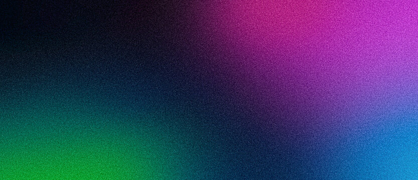 Wide banner grainy background, abstract grain texture vibrant gradient, purple green blue glowing color blurs on black backdrop, dark header, poster, flyer, cover or wallpaper design