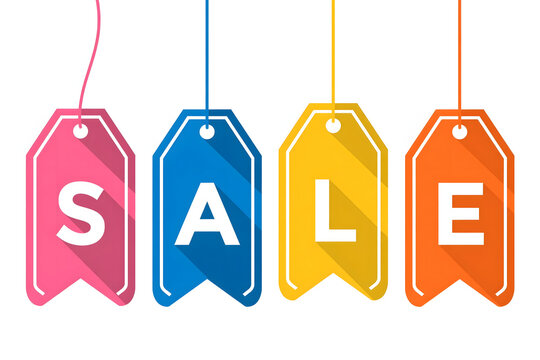 Colorful sale tags displaying the word "SALE" in bold letters  