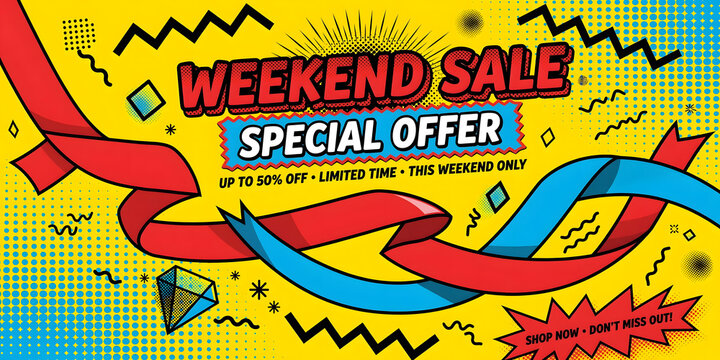 Weekend sale promotional banner with colorful ribbons and text  