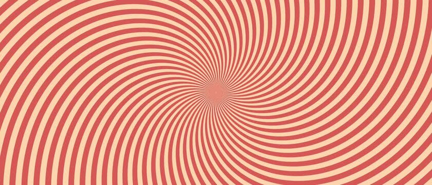 Coral red and cream hypnotic spiral swirling around the center, retro optical illusion background in