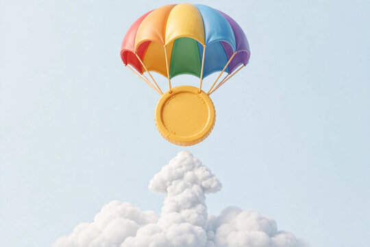 Colorful parachute floating above fluffy white clouds in clear sky