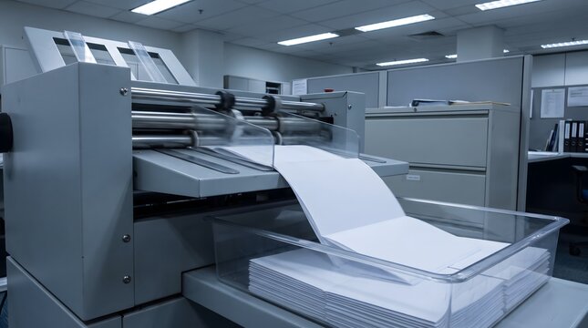 Paper folder machine working rapidly in office cubicle
