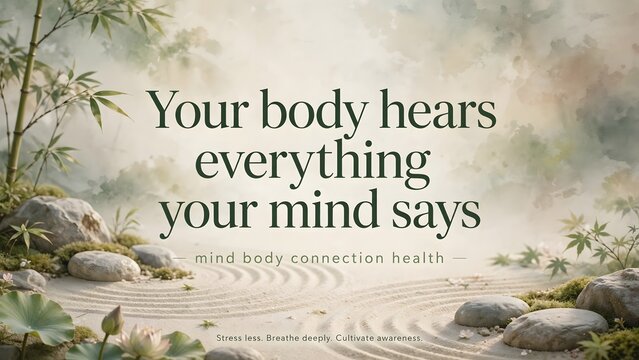 Zen garden stones and bamboo feature motivational text promoting mental health and inner peace.
