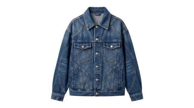 Vintage blue denim jacket with washed texture, classic oversized trucker jacket, retro denim outerwear isolated on white for fashion retail
