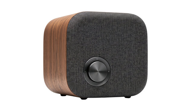 Minimalist wooden bluetooth speaker with grey fabric mesh, modern wireless audio device for home decor, portable smart speaker with volume dial