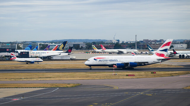 London, UK - September 12, 2026; British Airways Airbus A380 on take off roll with multiple jets at London Heathrow Airport