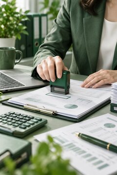 Businesswoman stamping financial documents with a calculator and laptop on an office desk, illustrating accounting, tax compliance, and administrative workflow.